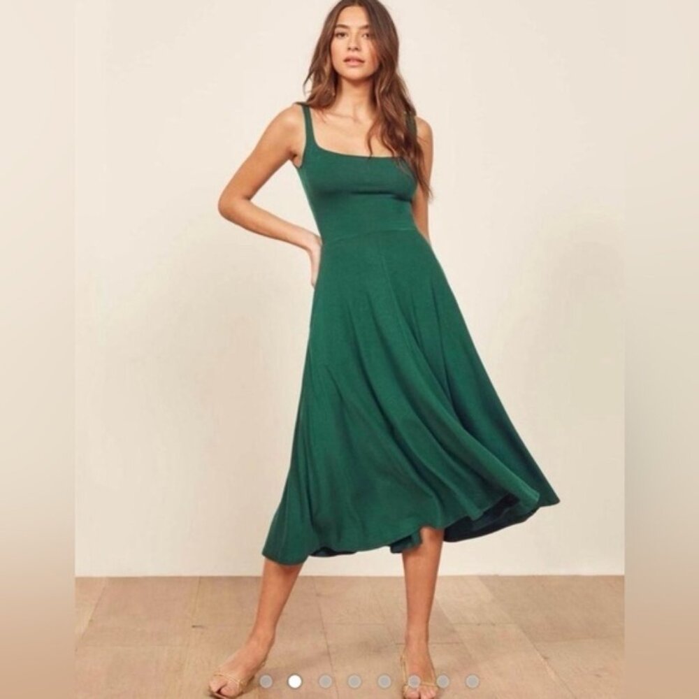 NWOT Reformation Rou Midi Fit & Flare Dress in Emerald Green Size Large